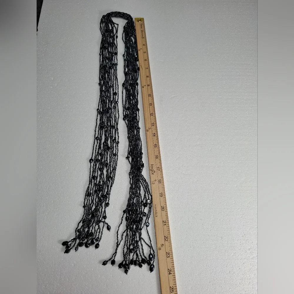 Black Multi-Strand Beaded Scarf Callar Necklace - Unbranded Boho Artistic